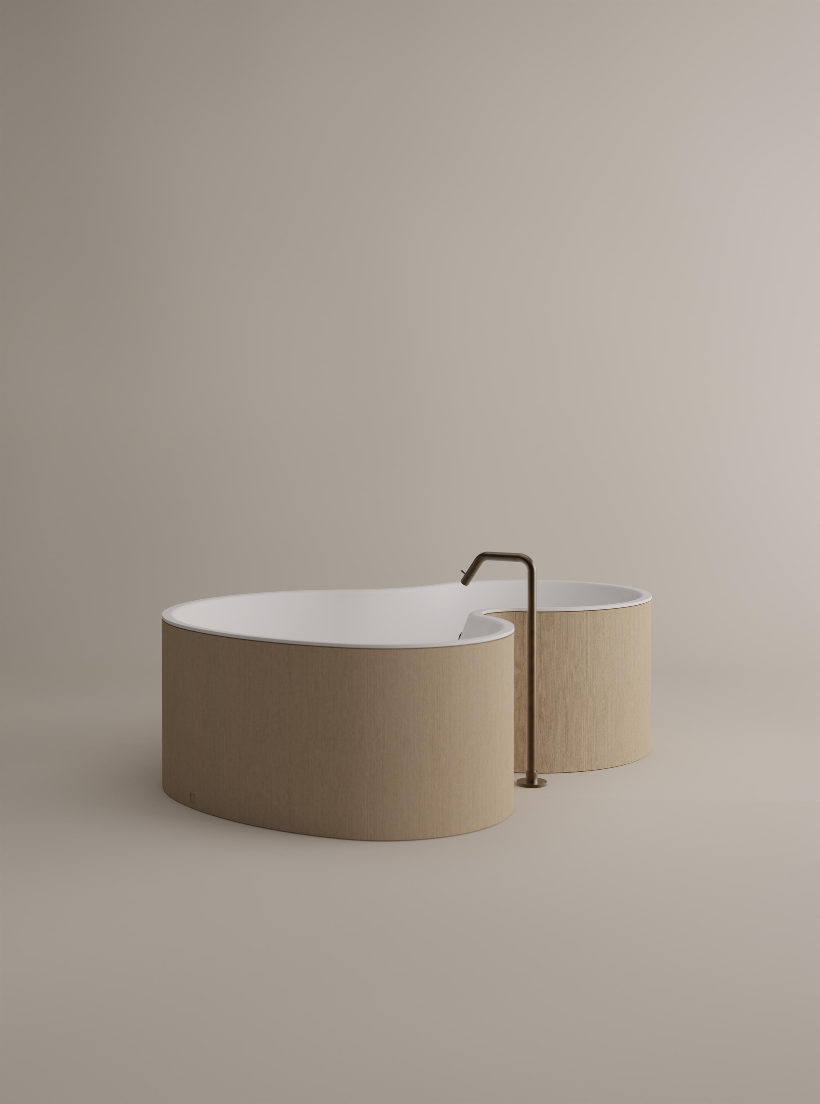 DR Badewanne von Agape, Design Studio MK27, freistehend, beige Pappel-Schichtholz Außenverkleidung