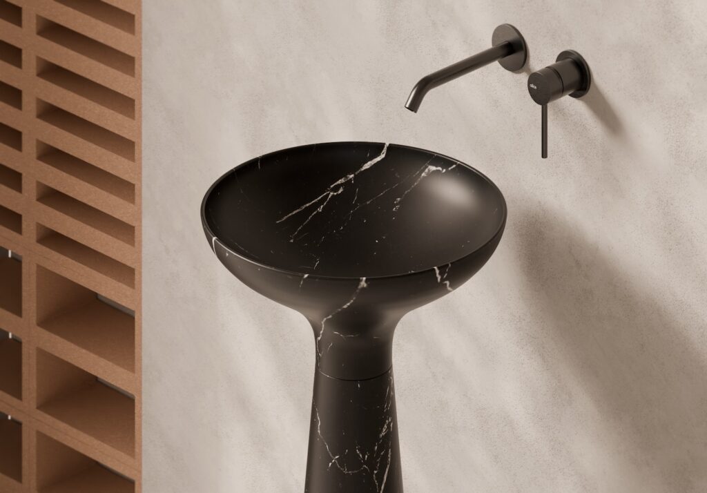 Alice Ceramica Equilibrium Standwaschbecken h20cm freistehend, schwarz Marmor mit konischem Fuß