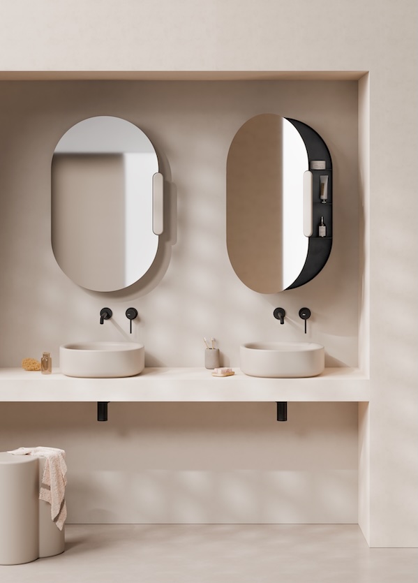 Alice Ceramica Idilla Spiegelschrank oval 85x50cm, beige und schwarz mit Keramik-Griffleiste