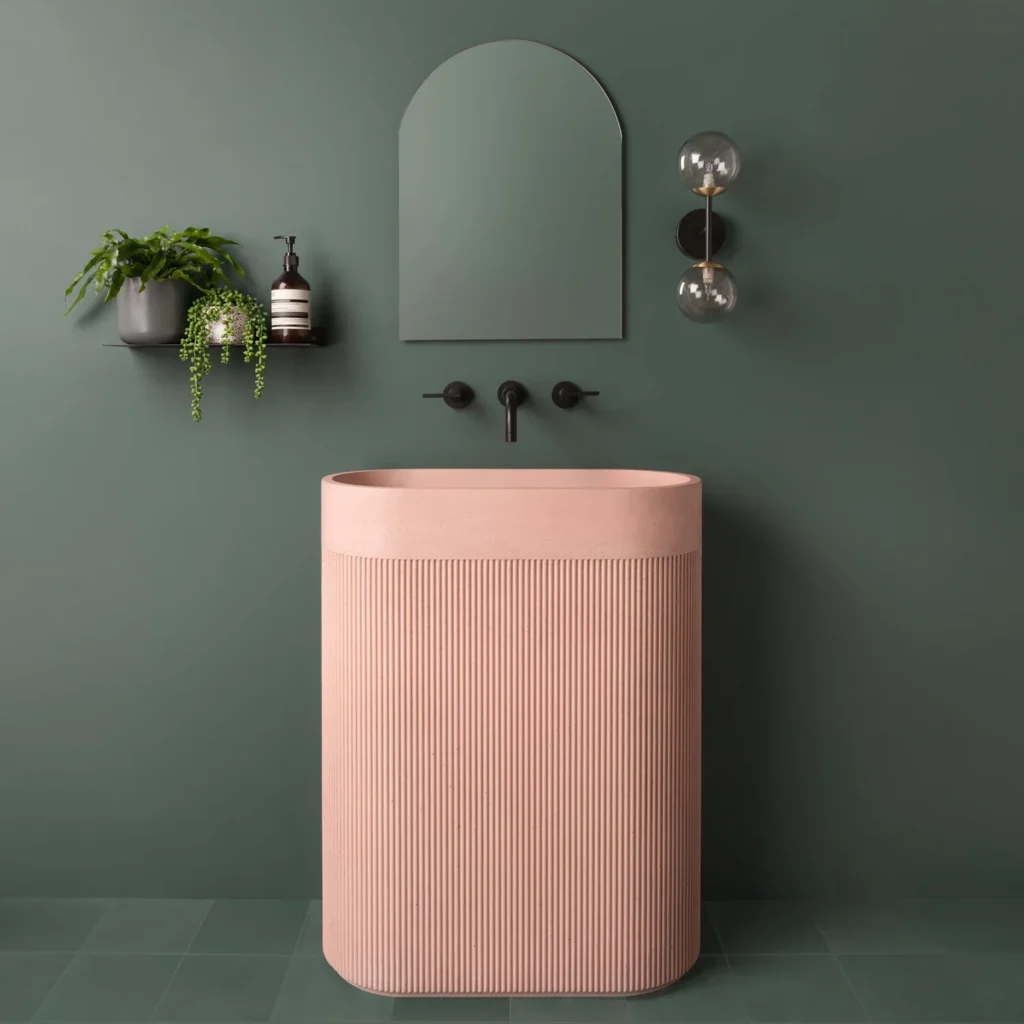Kast Concrete Basins Aura Pedestal Standwaschbecken freistehend, rosa Blush, geripptes Aussenmuster