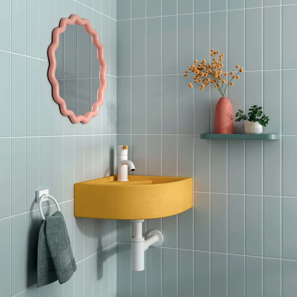 Kast Concrete Basins Demi Eckwaschbecken wandmontiert, gelb Sandcastle, kompakt für Gästetoiletten