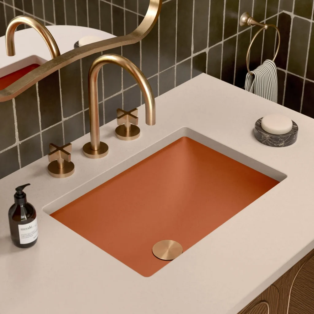 Kast Concrete Basins Esti Unterbau-Waschbecken Draufsicht, orange Ember, eingelassen weißer Marmor-Waschtisch