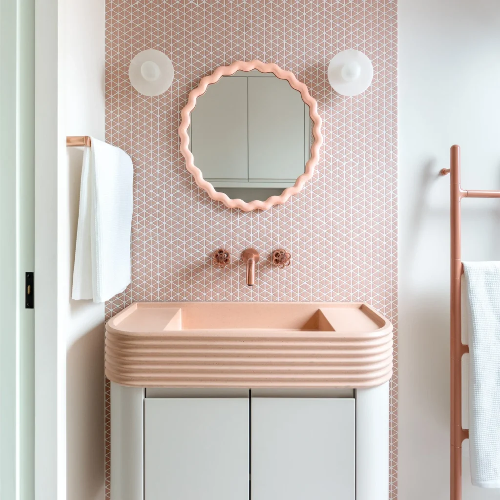 Kast Concrete Basins Iva Trog-Waschbecken Aufsatzmontage, rosa Blush, gerillte Außenseite Art-Déco versenkter Ablagebereich