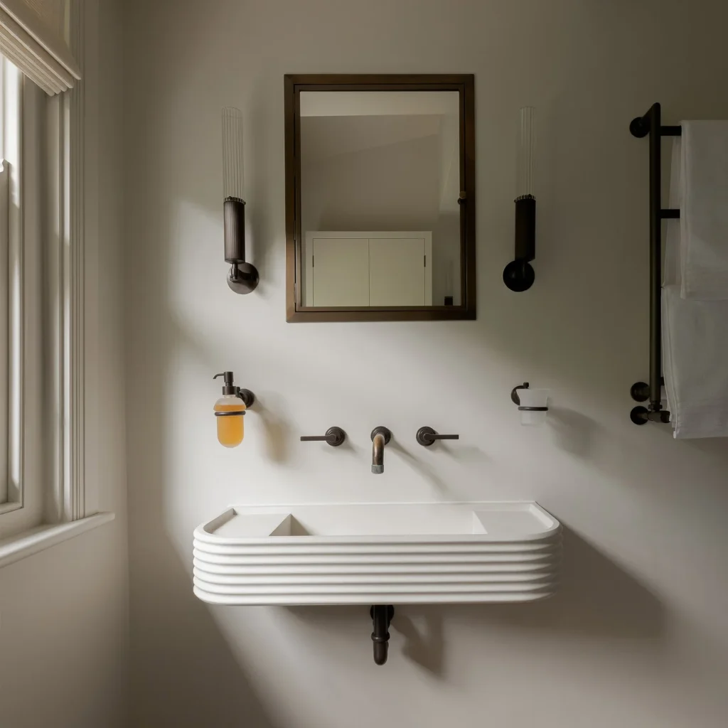 Kast Concrete Basins Iva Trog-Waschbecken wandmontiert, weiß, Art-Déco gerilltes Außenmuster geschwungen