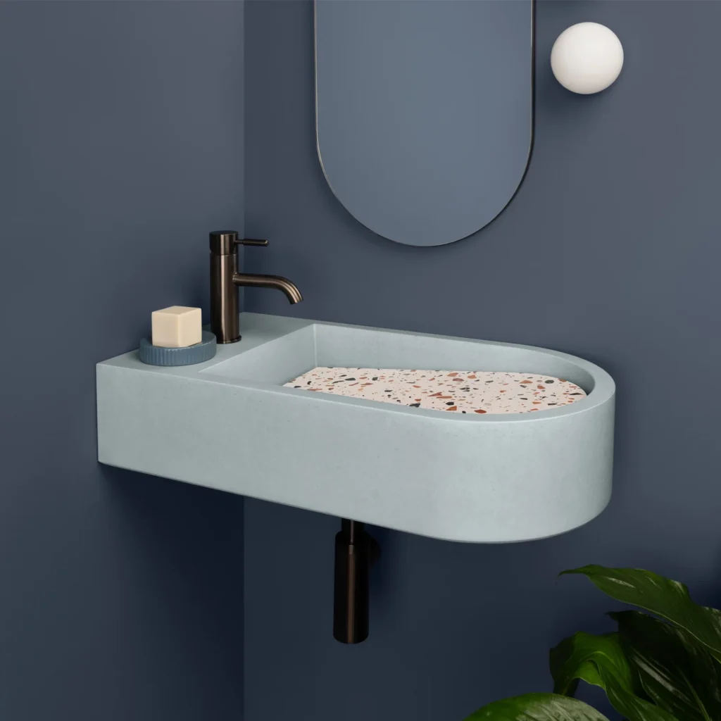 Kast Concrete Basins Mesa Waschbecken bogenförmig, hellblau Mineral, Terrazzo-Einsatz rosa bunten Steinsplittern