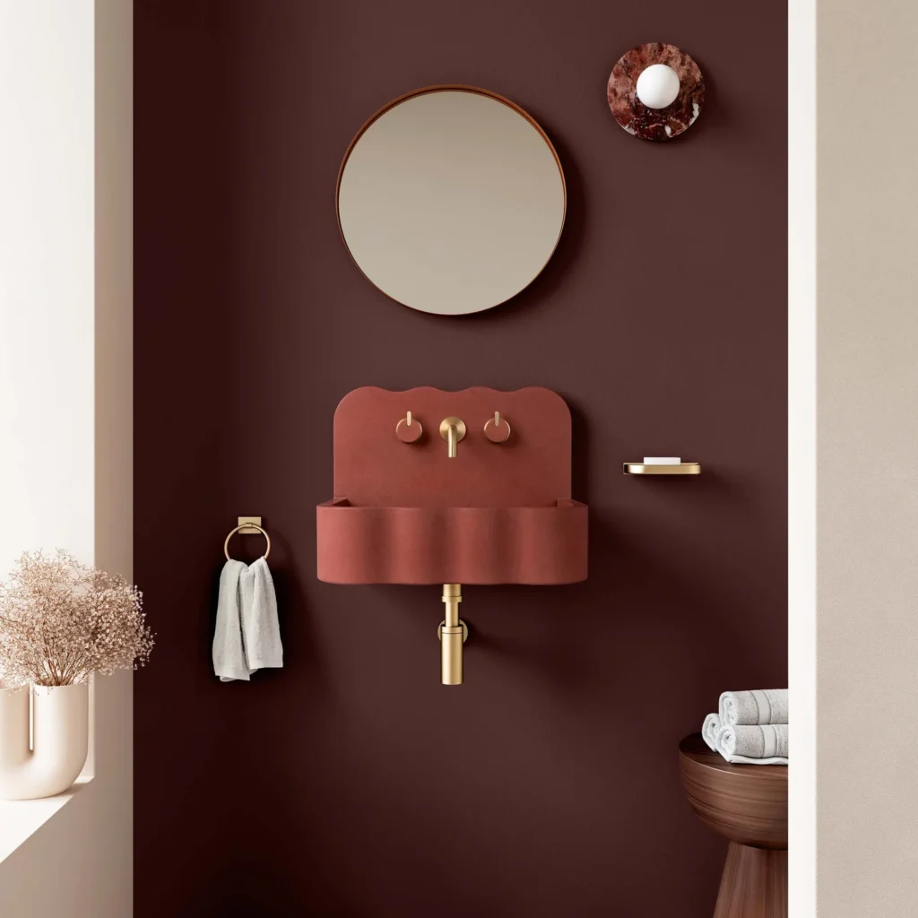 Kast Concrete Basins Tilde Waschbecken wandmontiert, Eimer-Form integrierte Spritzschutzwand Wave Collection